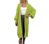 FAIRY BOUTIQUE Ladies Balloon Sleeve Open Front Stretchy Knitted Long Sweater Cardigan Womens Oversized Stripe Stitch Maxi Cardigan Outwear with Pockets Lime