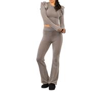 FAIRY BOUTIQUE Ladies Frill Shoulder Long Sleeve Crop Top With Flare Trouser 2 Pcs Co-ord Set Womens Ribbed Frill Knitted Top &Wide Pant Loungewear Trouser Tracksuit