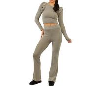 FAIRY BOUTIQUE Ladies Frill Shoulder Long Sleeve Crop Top With Flare Trouser 2 Pcs Co-ord Set Womens Ribbed Frill Knitted Top &Wide Pant Loungewear Trouser Tracksuit
