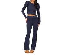 FAIRY BOUTIQUE Ladies Frill Shoulder Long Sleeve Crop Top With Flare Trouser 2 Pcs Co-ord Set Womens Ribbed Frill Knitted Top &Wide Pant Loungewear Trouser Tracksuit