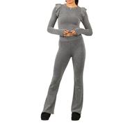 FAIRY BOUTIQUE Ladies Frill Shoulder Long Sleeve Crop Top With Flare Trouser 2 Pcs Co-ord Set Womens Ribbed Frill Knitted Top &Wide Pant Loungewear Trouser Tracksuit