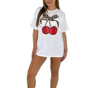 FAIRY BOUTIQUE Ladies Leopard Bow Cherry Print T Shirt Womens Summer Tops Short Sleeve Crew Neck Oversized Shirt (White UK 16-18)