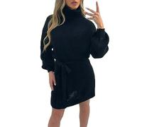 FAIRY BOUTIQUE Ladies Roll Neck Long Pullover Jumper Dress Womens Knitted Long Balloon Sleeve Oversized Belted Dress UK Size 8-18 Black