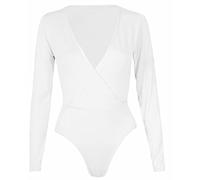 FAIRY BOUTIQUE Ladies Wrap Over V Neck Plunge Bodysuit Womens Long Sleeve Plain Stretch Leotard White