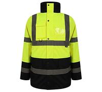 FAIRY BOUTIQUE Mens Hi Vis Viz Parka Jacket High Visibility Workwear Concealed Hood jacket Waterproof Work Coat Top (Yellow/Navy UK M)