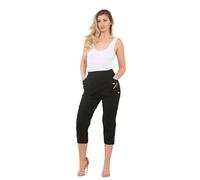 FAIRY BOUTIQUE Women Cherry Berry Capri 3/4 Trousers, Ladies Elasticated Cotton Stretch Cropped Bottom Pants (Black, 24)
