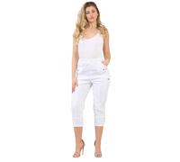 FAIRY BOUTIQUE Women Cherry Berry Capri 3/4 Trousers, Ladies Elasticated Cotton Stretch Cropped Bottom Pants (White, 22)