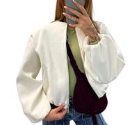 FAIRY BOUTIQUE Womens Balloon Sleeve Casual Streetwear Viral Zipper Cropped Bomber Jacket Ladies Lightweight 2 Side Pockets Crew Neck Short Jacket Coat Top