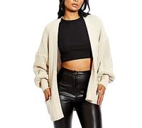 FAIRY BOUTIQUE Womens Balloon Sleeve Pocket Cardigan Ladies Drop Shoulder Oversized Cardiagn Open Front Knitted Sweater (Stone UK 8-10)