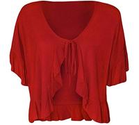 FAIRY BOUTIQUE Womens Front Tie Up Frill Ruffle Plain Shrug Tops Ladies Short Sleeve Stretch Plus Size Bolero Shrug Red