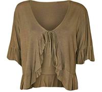 FAIRY BOUTIQUE Womens Front Tie Up Frill Ruffle Plain Shrug Tops Ladies Short Sleeve Stretch Plus Size Bolero Shrug Mocha