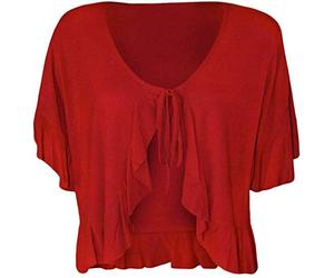 FAIRY BOUTIQUE Womens Front Tie Up Frill Ruffle Plain Shrug Tops Ladies Short Sleeve Stretch Plus Size Bolero Shrug Red