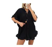 FAIRY BOUTIQUE Womens Gold Button Ruffle Frill Pleated Shirt Suit Set Ladies Italian Two Piece Frill Cycling Shorts Co ord Set One Size Fit 8-14