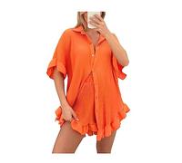 FAIRY BOUTIQUE Womens Gold Button Ruffle Frill Pleated Shirt Suit Set Ladies Italian Two Piece Frill Cycling Shorts Co ord Set One Size Fit 8-14