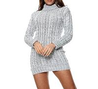 FAIRY BOUTIQUE Womens High Polo Neck Chunky Cable Knitted Jumper Ladies Long Sleeve Mini Tunic Dress Top (Grey UK 12-14)