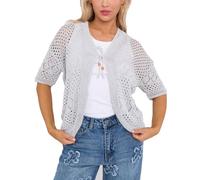 FAIRY BOUTIQUE Womens Knitted Tie Up Bolero Shrug Ladies Open Front Short Sleeve Cropped Cardigan Bolero Top (Silver UK 12-14)