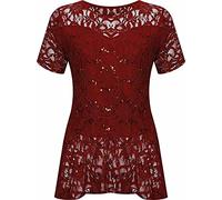 FAIRY BOUTIQUE Womens Lace Sequin Round Neck Top Ladies Short Sleeve Fancy Parties Wear Peplum Frill Top Plus Size- 14-28 Wine