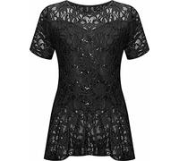 FAIRY BOUTIQUE Womens Lace Sequin Round Neck Top Ladies Short Sleeve Fancy Parties Wear Peplum Frill Top Plus Size- 14-28 Black