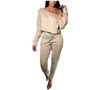 FAIRY BOUTIQUE Womens Long Sleeve Off Shoulder Top Ribbed Cuff Bottom Set Co-ord 2Pcs Loungewear Set Tracksuit (Stone UK 12)