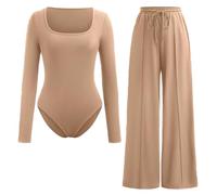 FAIRY BOUTIQUE Womens Long Sleeve Ribbed Bodysuit & Elastic Wide Leg Trouser 2 Piece Set Ladies Square Neck Bodysuit Trouser set Stretch Leotard Top Palazzo
