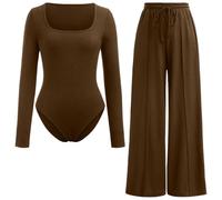 FAIRY BOUTIQUE Womens Long Sleeve Ribbed Bodysuit & Elastic Wide Leg Trouser 2 Piece Set Ladies Square Neck Bodysuit Trouser set Stretch Leotard Top Palazzo