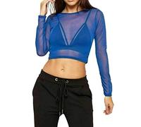 FAIRY BOUTIQUE Womens Long Sleeve Sheer Mesh Crop Top Ladies Crew Neck Stretchy See-Through Tops Sexy Beach Party Cropped Mesh Top (Royal Blue UK 8-10)
