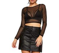 FAIRY BOUTIQUE Womens Long Sleeve Sheer Mesh Crop Top Ladies Crew Neck Stretchy See-Through Tops Sexy Beach Party Cropped Mesh Top (Black UK 8-10)