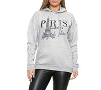 FAIRY BOUTIQUE Womens Paris Print Long Sleeve Drawstring Hoodie Ladies Outerwear Pockets Pullover Loose Hooded Sweatshirt Top Silver