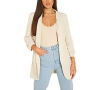 FAIRY BOUTIQUE Womens Plain Open Front Frill Ruffle Duster Coat Ladies 3/4 Sleeve Pockets Jacket Blazer Stone