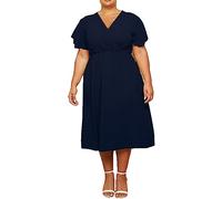 FAIRY BOUTIQUE Womens Plus Size V Neck Italian Wrap Over Dress Ladies Waistline Ruffle Frill Short Sleeve Summer Casual Dress One Size Fits UK 8-26 Navy