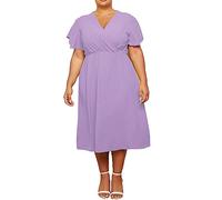 FAIRY BOUTIQUE Womens Plus Size V Neck Italian Wrap Over Dress Ladies Waistline Ruffle Frill Short Sleeve Summer Casual Dress One Size Fits UK 8-26 Lilac