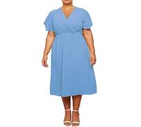 FAIRY BOUTIQUE Womens Plus Size V Neck Italian Wrap Over Dress Ladies Waistline Ruffle Frill Short Sleeve Summer Casual Dress One Size Fits UK 8-26 Sky Blue