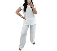 FAIRY BOUTIQUE Womens Pop Corn Tops and Trousers Set Ladies Co ord 2Pcs Loungewear Tracksuit Flared Trousers Bottom and Frill Sleeve Top Set (White UK 12-14)
