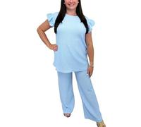 FAIRY BOUTIQUE Womens Pop Corn Tops and Trousers Set Ladies Co ord 2Pcs Loungewear Tracksuit Flared Trousers Bottom and Frill Sleeve Top Set (Baby Blue UK 8-10)