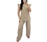 FAIRY BOUTIQUE Womens Pop Corn Tops and Trousers Set Ladies Co ord 2Pcs Loungewear Tracksuit Flared Trousers Bottom and Frill Sleeve Top Set (Beige UK 12-14)