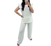 FAIRY BOUTIQUE Womens Pop Corn Tops and Trousers Set Ladies Co ord 2Pcs Loungewear Tracksuit Flared Trousers Bottom and Frill Sleeve Top Set (Cream UK 20-22)