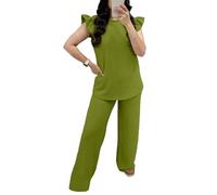 FAIRY BOUTIQUE Womens Pop Corn Tops and Trousers Set Ladies Co ord 2Pcs Loungewear Tracksuit Flared Trousers Bottom and Frill Sleeve Top Set (Parrot Green UK 20-22)