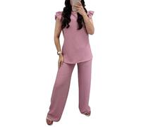 FAIRY BOUTIQUE Womens Pop Corn Tops and Trousers Set Ladies Co ord 2Pcs Loungewear Tracksuit Flared Trousers Bottom and Frill Sleeve Top Set (Dusty Pink UK 12-14)