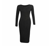 FAIRY BOUTIQUE Womens Printed Round Neck Midi Dress Ladies Stretch Plain Long Sleeve Slim Fit Party Wear Bodycon Dress Black