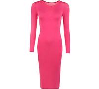 FAIRY BOUTIQUE Womens Printed Round Neck Midi Dress Ladies Stretch Plain Long Sleeve Slim Fit Party Wear Bodycon Dress Fuchsia