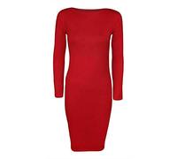 FAIRY BOUTIQUE Womens Printed Round Neck Midi Dress Ladies Stretch Plain Long Sleeve Slim Fit Party Wear Bodycon Dress Red