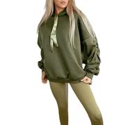 FAIRY BOUTIQUE Womens Ruched Sleeve Oversized Ribbon Hoodie Ladies Hooded Sweatshirt Jumper Top Khaki