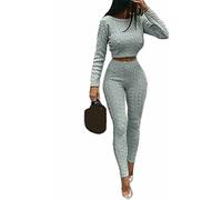 FAIRY BOUTIQUE Womens Scoop Neck Long Sleeve Top Ladies Two Piece Cable Knitted Co ord Set Loungewear Tracksuit (Silver Grey UK 8-10)