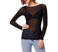 FAIRY BOUTIQUE Womens Sheer Mesh Long Sleeve Top Ladies Round Neck See Through Summer Stretchy Shirt Top Black
