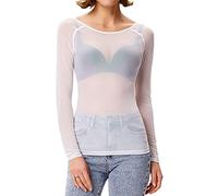 FAIRY BOUTIQUE Womens Sheer Mesh Long Sleeve Top Ladies Round Neck See Through Summer Stretchy Shirt Top White