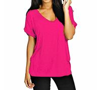 FAIRY BOUTIQUE Womens Turn up Sleeve V Neck T Shirt Ladies Oversized Baggy Batwing Top Plus Size T Shirt(Fuchsia UK 24-26)