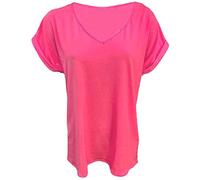 FAIRY BOUTIQUE Womens Turn up Sleeve V Neck T Shirt Ladies Oversized Baggy Batwing Top Plus Size T Shirt Neon Pink