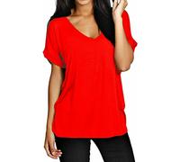 FAIRY BOUTIQUE Womens Turn up Sleeve V Neck T Shirt Ladies Oversized Baggy Batwing Top Plus Size T Shirt(Red UK 24-26)