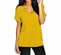FAIRY BOUTIQUE Womens Turn up Sleeve V Neck T Shirt Ladies Oversized Baggy Batwing Top Plus Size T Shirt(Mustard UK 16-18)