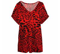 FAIRY BOUTIQUE Womens Turn up Sleeve V Neck T Shirt Ladies Oversized Baggy Batwing Top Plus Size T Shirt(Red Leopard UK 20-22)